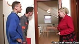 Busty blonde granny pleases two repairmen snapshot 6