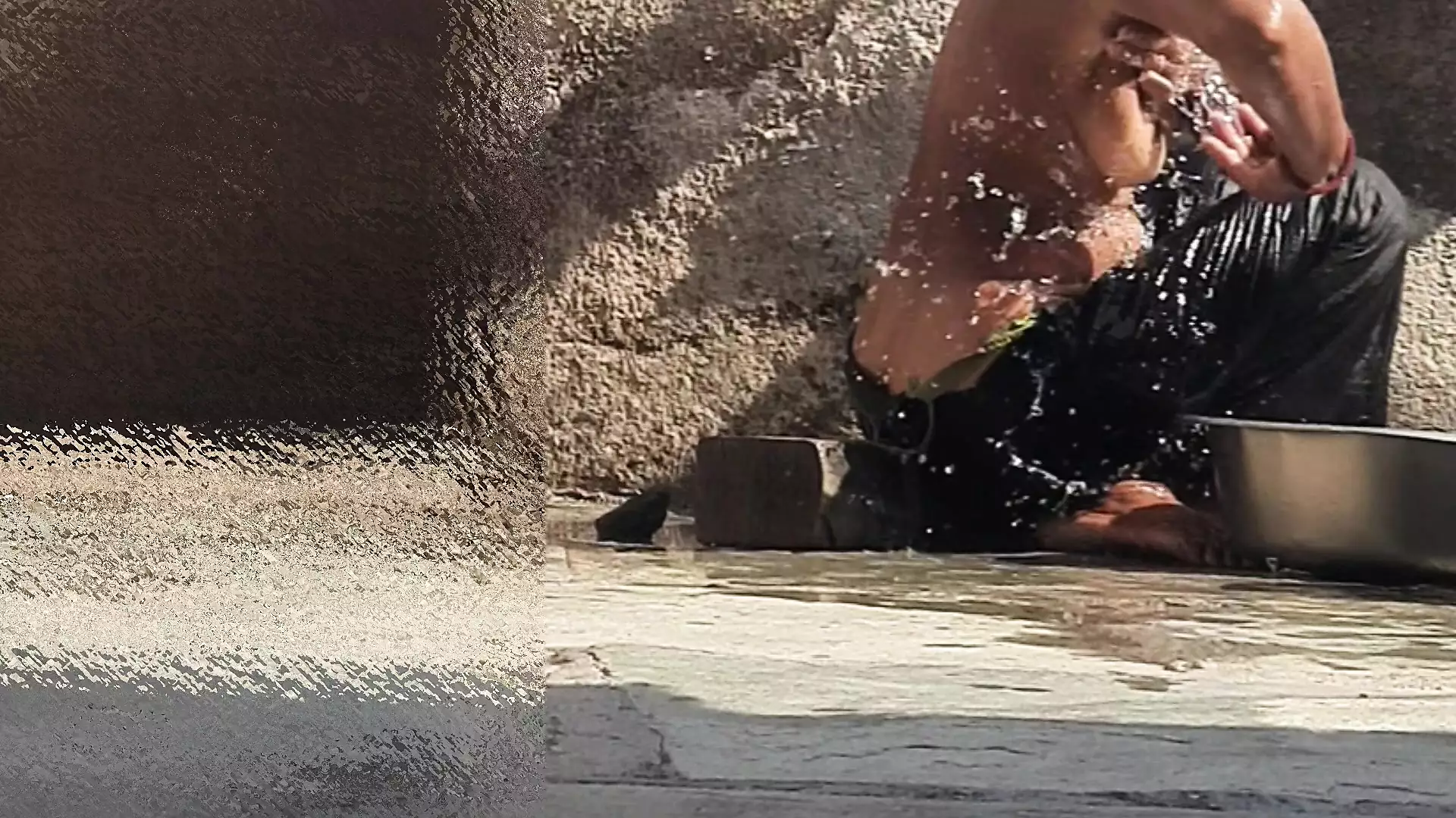 Indian sister-in-law is bathing in the open courtyard of the house
