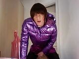 jess silk riding dildo in purple satin dress and shiny purple jacket wth short wig snapshot 9