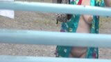 在公共场合裸体。邻居在窗边看到怀孕的邻居，她正在院子里晾衣服，没穿胸罩和内裤。裸体主义者 snapshot 17