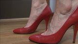 Mature Lady squeaky red pumps & sexy veiny foot tease snapshot 3