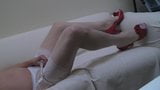 Red heels, sheer pantys, white rht stockings and double cum! snapshot 1