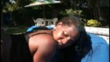 Ebony couple are satisfying with hardcore fuck on the blue couch at the pool snapshot 15