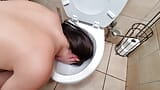 Dirty whore pissing and licking the inside of toilet, toilet swirlies snapshot 5