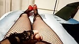 horny MILF tranny speaks in her sexy voice as she touches her long legs in heels and fishnet and lightly masturbates snapshot 5