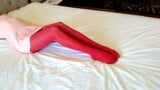 Red shiny pantyhose and mini dress bed pleasure snapshot 9