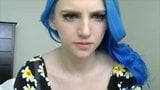 Blue haired girl in flowers plays with tits snapshot 1