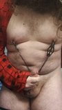 Fat boy rubbing cock with nipple clamps on snapshot 10