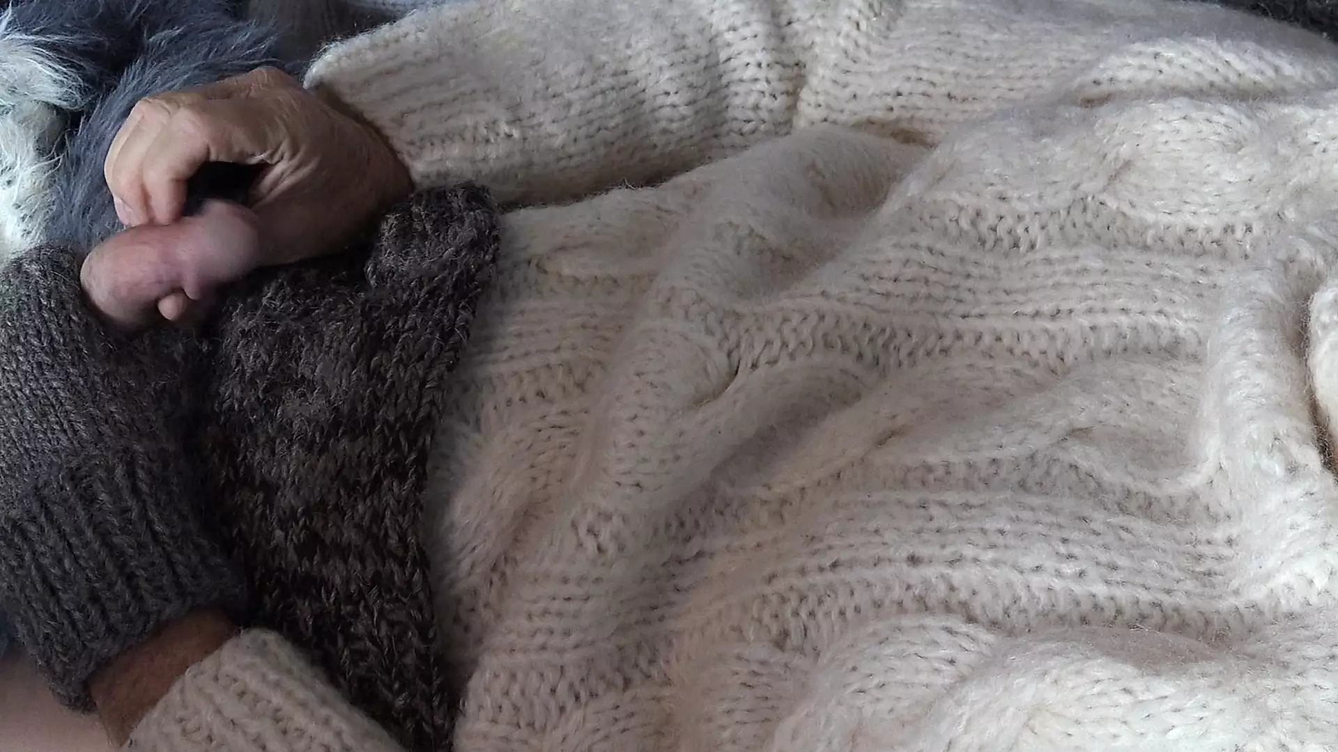 Mohair Fun in White Cable Sweater Thats Super Soft and a Vibrator  Masturbation and Cum on Sock: Gay Porn