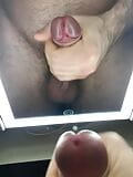 Jerking off and cumming in front of the mirror close-up! Big load! Man's moans! Uncut big cock! snapshot 9