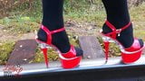 Lady L sexy walking with extreme red high heels. snapshot 6