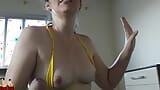 My wife answer delivery guys wearing micro biquini. She shows her nipples at the balcony for their. snapshot 9