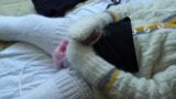 Knitting in in a mohair sweater and knee high socks leads to masturbate and cum… jumper fetish snapshot 7