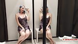 Trying on mini dresses and sexy clothes in a shopping center. Look at me in the fitting room and jerk off to my tits. I like it. snapshot 3