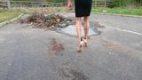 Walking in nude heels seamed hold-ups and tight black skirt snapshot 1