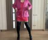 Pink satin silk sissy in the pink jacket, pink satin dress and black over knee boots on high heels dancing like cuckold snapshot 7