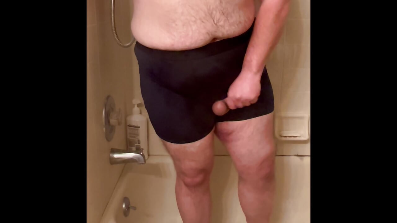 Chubby gay with tiny dick wets his underwear then cums with massage gun