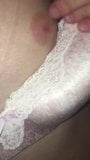 Rubbing big clit and puffy nips to guys cumtributing her snapshot 2