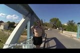 Flashing my huge tits in public on a bridge snapshot 5