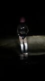 Sissy femboy risky outdoor at night in shiny bodysuit and nylon panythose snapshot 3