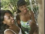 2 ebony hotties playing with a cock outdoors snapshot 3