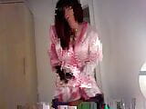 jess silk riding dildo in pink satin robe and hot pink nightie with red wig snapshot 2