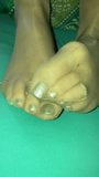 Nylon Footjob with silver polished toenails and toerings snapshot 2