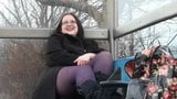 Chubby girl flash and public play at a bus stop snapshot 2