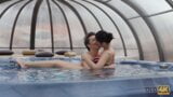 OLD4K. Chick tries swimming and being drilled by old boy in the pool snapshot 4