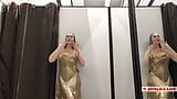 Trying on mini dresses and sexy clothes in a shopping center. Look at me in the fitting room and jerk off to my tits. I like it. snapshot 6