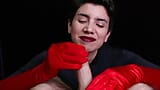 Éjaculation sur des gants d’opéra rouges snapshot 5