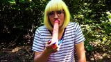 Blonde Trans Girl Deepthroats Dildo Outside snapshot 2