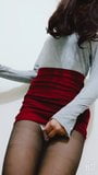 Crossdresser Teasing in Red Pencil Skirt and Pantyhose snapshot 8