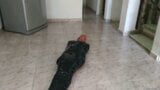 Tape Mummified Girl in Pantyhose Hooded And Ball Gagged snapshot 1