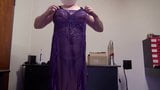 Fake Boobs - posing in long purple dress, shaved body snapshot 4