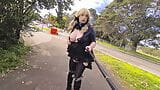 Goth whore flashing by a busy road and on a golf course snapshot 4