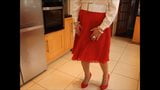 Sindy in white satin blouse & red pleated skirt snapshot 2