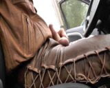 wanking my cock in the car dressed in brown leather snapshot 6