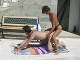 Two horny dudes and a slim French woman having a great time near the pool snapshot 20