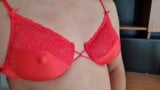 Red satin 34B bra, lace, caressing my boobies and little nipples snapshot 8