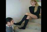 Smell and lick her sexy black kneesocks on stairs snapshot 10
