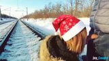 Girl in fur coat give blowjob on railway snapshot 8