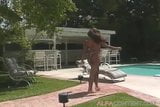 Black babe sucks and rides cock next to a pool snapshot 1