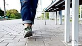 Tan Nylon Soles With Blue Jeans Teasing On The Bench snapshot 1