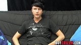 Young gay man jerks off his giant dick during an interview snapshot 4