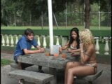 Threesome by the pool with a brunette babe, a tranny blonde and a guy snapshot 1