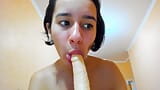 Dildo suck and titfuck, pussy fingering, tits swing! snapshot 2