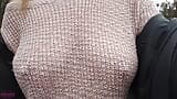 Boobwalk: Walking braless in a pink see through knitted sweater snapshot 10