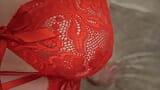 Sexy rubia esposa en medias y tirantes de lencería roja mostrando culo, grandes tetas y coño snapshot 2
