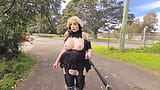 Goth whore flashing by a busy road and on a golf course snapshot 7